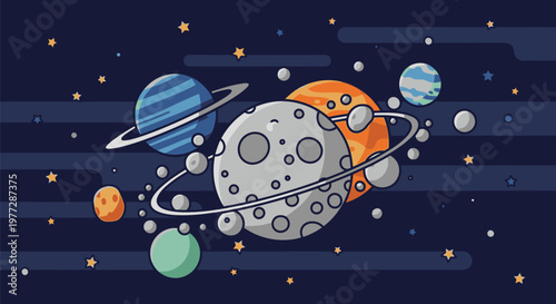 Space Scene with Planets and Moons in Orbit Around Celestial Bodies