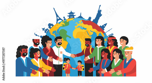 Diverse group of people shaking hands in front of a global landscape
