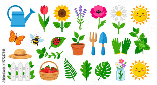 Colorful garden illustration featuring flowers insects and gardening tools
