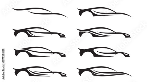 Sports car silhouettes set with abstract dynamic curves and sleek lines, perfect for automotive branding and design elements.
