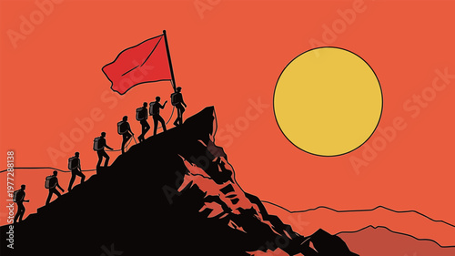 Hikers Reaching Mountain Summit with Red Flag at Sunset