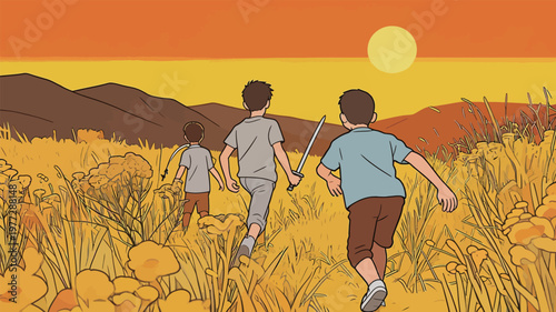 Three boys running through a golden field at sunset