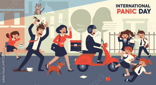 People run wildly on International Panic Day in a chaotic city scene with a dog and a scooter.