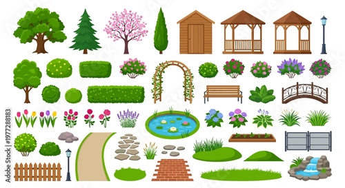 A colorful collection of garden elements trees and architectural structures