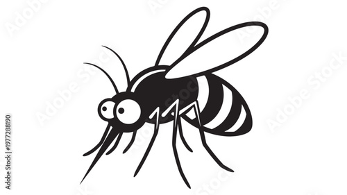 Mosquito cartoon icon with large eyes and striped body, on a white background, representing insects and pests.