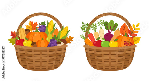 Two woven baskets overflowing with colorful autumn harvest produce