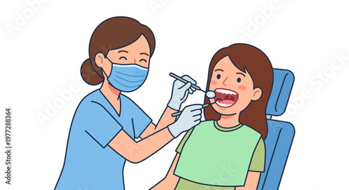 A young girl receives a dental checkup from a masked dentist