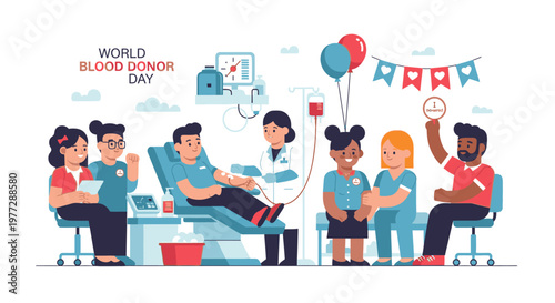 People gather around a nurse donating blood on World Blood Donor Day with joyful children and concerned individuals