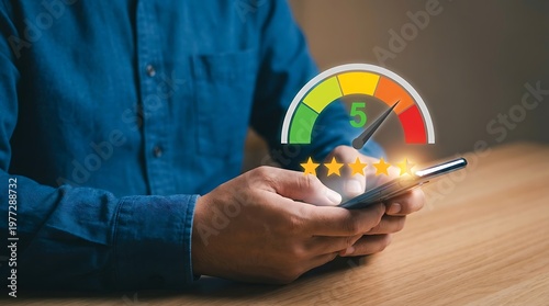 Customer checking credit score on smartphone with gauge meter and star rating smartphone application customer checking