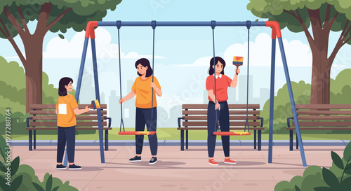 Children Playing on a Swing Set.