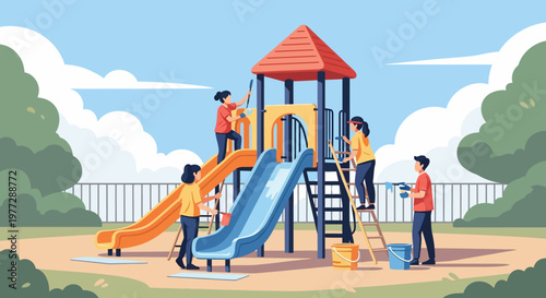 Children Playing on Colorful Playground Equipment.