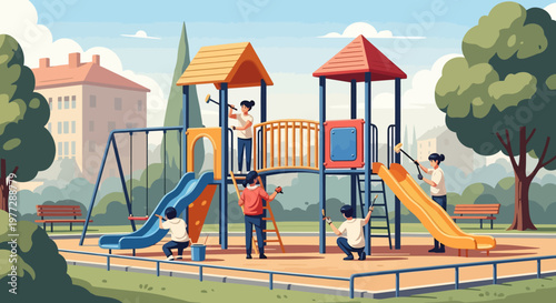 Children Playing on Modern Playground Equipment.