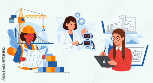 Three people working together on a construction site with technology and industry elements