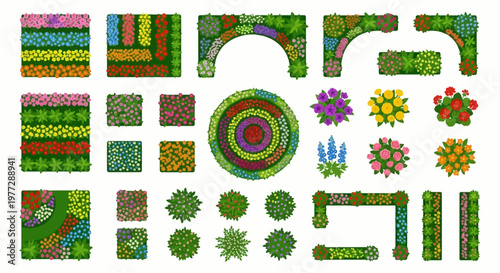 Collection of colorful flowerbed and garden arrangements in top down view