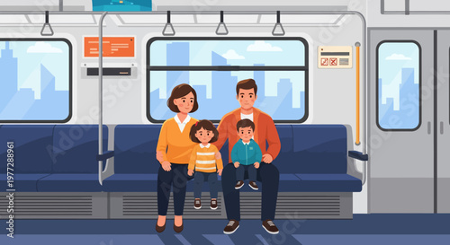 Family Standing Together on Subway Train.