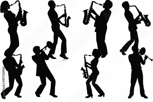 saxophone player silhouette vector set, musical performance icons, black outline style, jazz band design, minimal music illustration pack