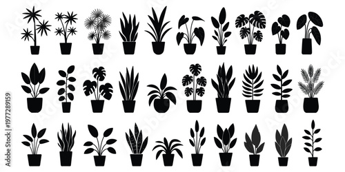 Potted plant silhouette collection with diverse leaf shapes, tropical succulents, palm fronds, indoor decoration artwork concept, botanical design, flat vector illustration