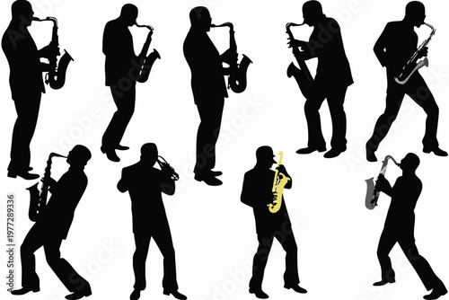 saxophone player silhouette vector set, musical performance icons, black outline style, jazz band design, minimal music illustration pack