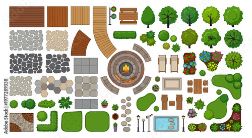Overhead view of various garden and landscaping elements arranged neatly