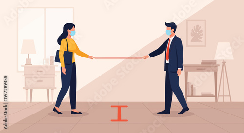 Man and Woman Wearing Masks Social Distancing.