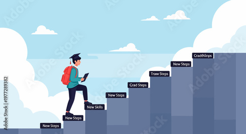 Man Climbing Stairs with Laptop and Backpack.