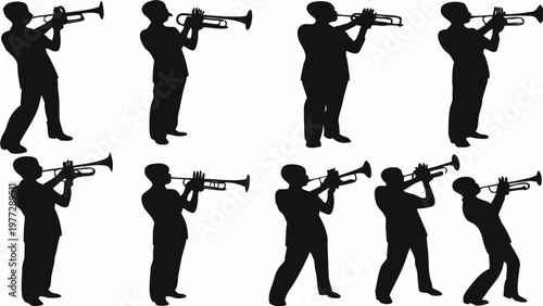 trumpet player silhouette vector set, musical performance icons, black outline style, jazz band design, minimal music illustration pack