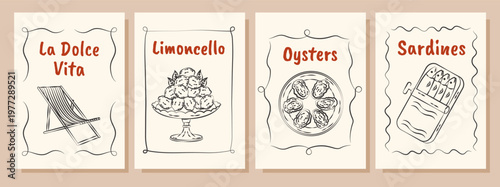 Italian summer posters and cards in hand drawn whimsical style. Mediterranean. La Dolce Vita. Amalfi coast.