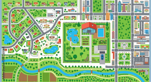 Aerial view of a colorful illustrated town and surrounding landscape