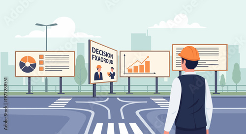 Man in hard hat making decision.