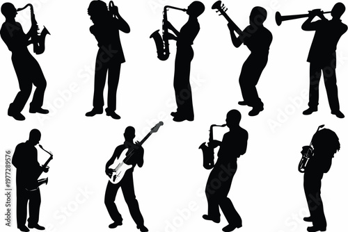 saxophone player silhouette vector set, musical performance icons, black outline style, jazz band design, minimal music illustration pack