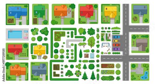An aerial view of a colorful residential neighborhood layout plan