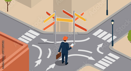 Man in Suit Standing at Crossroads with Arrows.