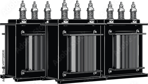 Black and white vector illustration of a high voltage three phase power transformer unit with electrical bushings and industrial radiator cooling fins