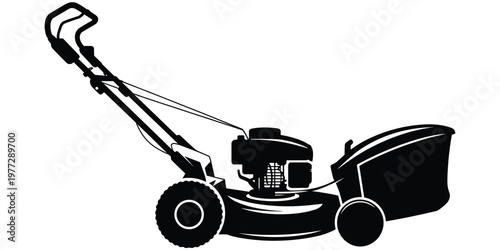 Push lawn mower silhouette, grass cutting equipment, garden tool design, lawn care machinery, outdoor yard work icon, flat vector illustration