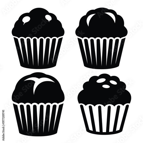 Four Black Muffin Icons on White Background cupcake