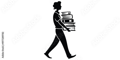 Person carrying stack of books silhouette illustration, education learning diligence artwork, academic study design concept scene, student knowledge symbol, flat vector illustration