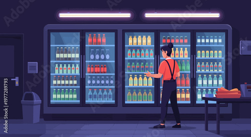 Man Restocking Beverages in Fridge.