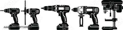 Collection of black and white vector silhouettes featuring various power drills including cordless impact drivers hammer drills and a professional industrial bench drill press