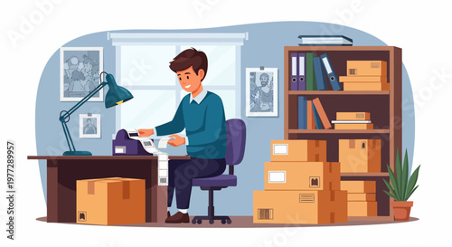 Man Working at Desk with Cardboard Boxes.