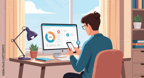 Man Working on Computer with Mobile Phone.