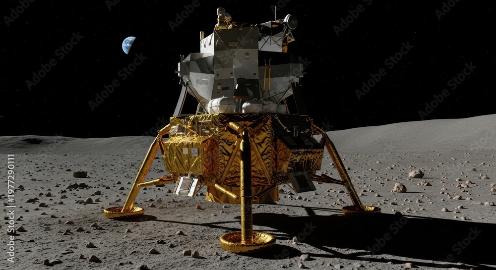 Fototapeta premium Lunar lander module stands on the cratered surface of the moon with the earth visible in the distant dark sky.