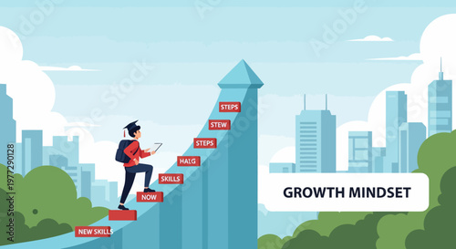 Person Climbing Stairs with Growth Mindset.