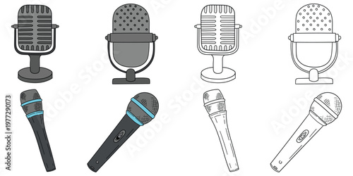 Hand-drawn cartoon and doodle set of microphones on a white background.