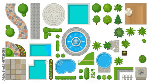 Aerial view of various garden and pool elements arranged overhead