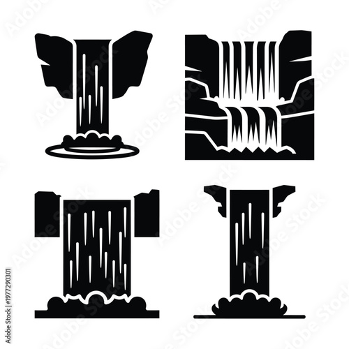 Four Black Silhouette Icons of Waterfalls on White Background