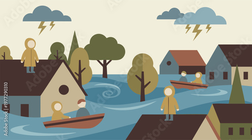 Flooded town illustration with people evacuating and seeking safety