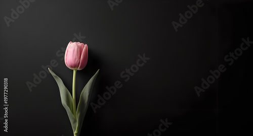 Single Pink Tulip Flower With Green Stem and Leaves Against Dark Textured Background