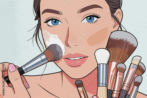 Woman Applying Makeup with Variety of Brushes