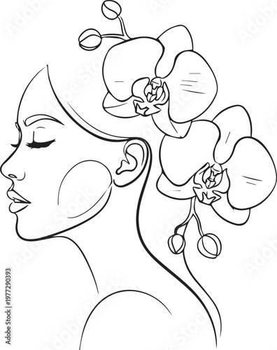 Elegant woman face with orchid flowers line art, minimalist female portrait vector illustration isolated on white
