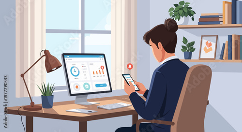 Woman Analyzing Data on Computer and Phone.